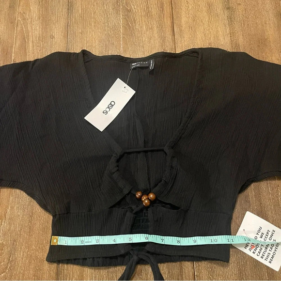 ASOS Linen Cotton Long Puff Sleeve Top Lace Up Black Deep V Front Y2K 4 S - Picture 9 of 12